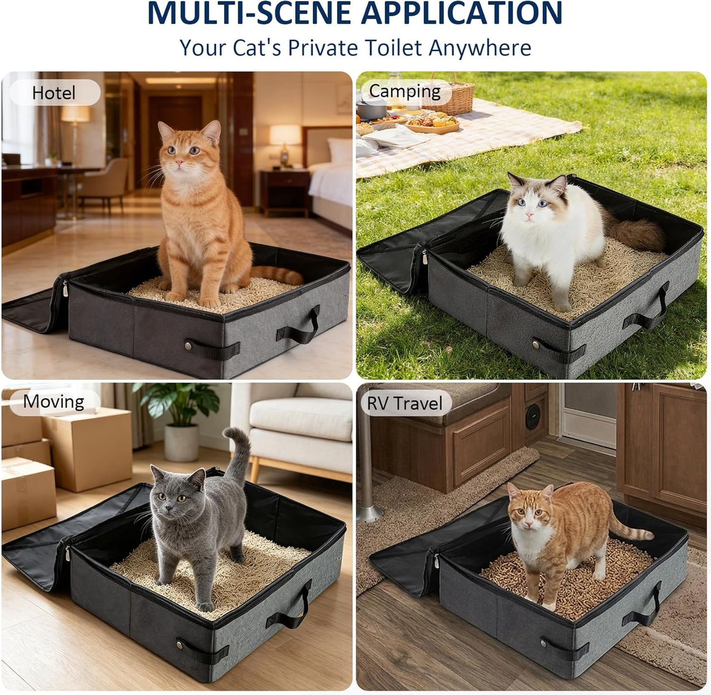 Portable Travel Litter Box for Cats, Leak Proof Collapsible Cat Litter Box with Lid, Easy to Carry Pet Cat Supplies for Car Travel Hotel Camping, Kitty Litter Box Includes Scoop Bowl