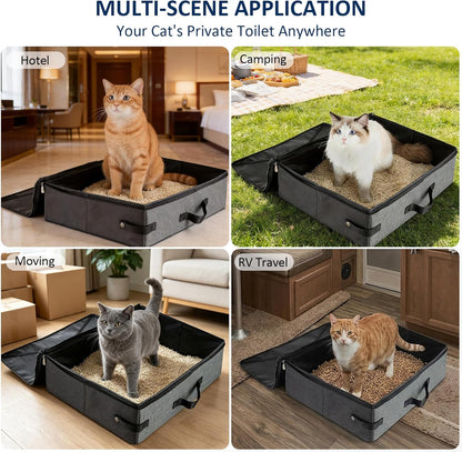 Portable Travel Litter Box for Cats, Leak Proof Collapsible Cat Litter Box with Lid, Easy to Carry Pet Cat Supplies for Car Travel Hotel Camping, Kitty Litter Box Includes Scoop Bowl