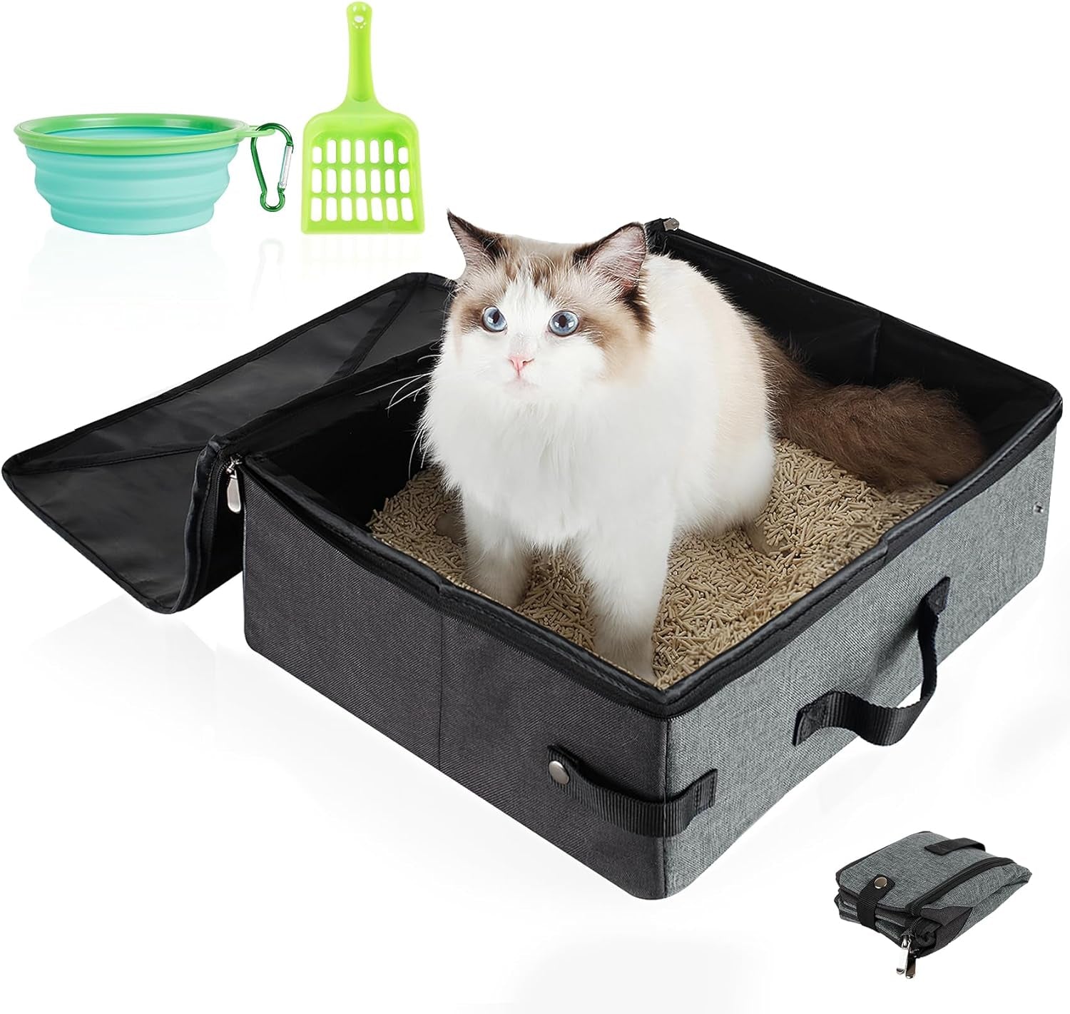 Portable Travel Litter Box for Cats, Leak Proof Collapsible Cat Litter Box with Lid, Easy to Carry Pet Cat Supplies for Car Travel Hotel Camping, Kitty Litter Box Includes Scoop Bowl