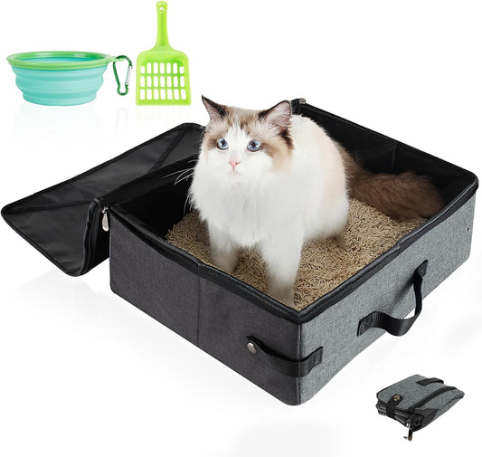 Portable Travel Litter Box for Cats, Leak Proof Collapsible Cat Litter Box with Lid, Easy to Carry Pet Cat Supplies for Car Travel Hotel Camping, Kitty Litter Box Includes Scoop Bowl