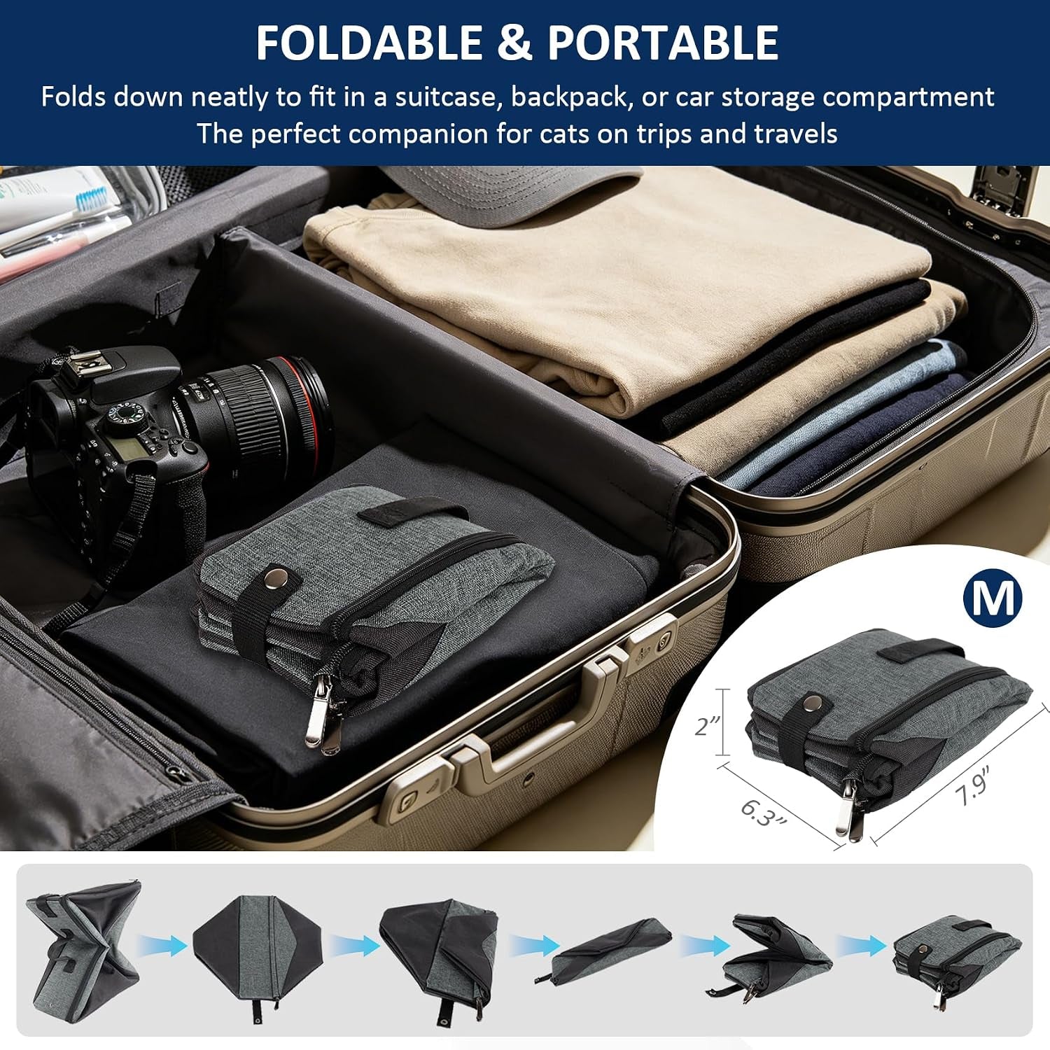 Portable Travel Litter Box for Cats, Leak Proof Collapsible Cat Litter Box with Lid, Easy to Carry Pet Cat Supplies for Car Travel Hotel Camping, Kitty Litter Box Includes Scoop Bowl