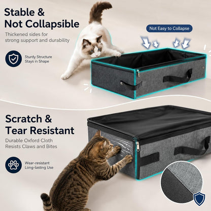 Portable Travel Litter Box for Cats, Leak Proof Collapsible Cat Litter Box with Lid, Easy to Carry Pet Cat Supplies for Car Travel Hotel Camping, Kitty Litter Box Includes Scoop Bowl