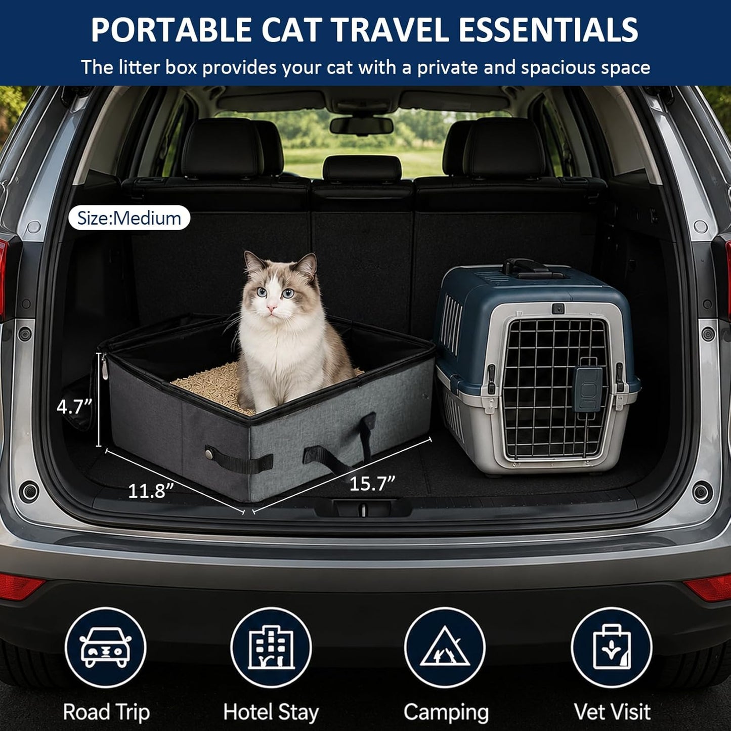 Portable Travel Litter Box for Cats, Leak Proof Collapsible Cat Litter Box with Lid, Easy to Carry Pet Cat Supplies for Car Travel Hotel Camping, Kitty Litter Box Includes Scoop Bowl