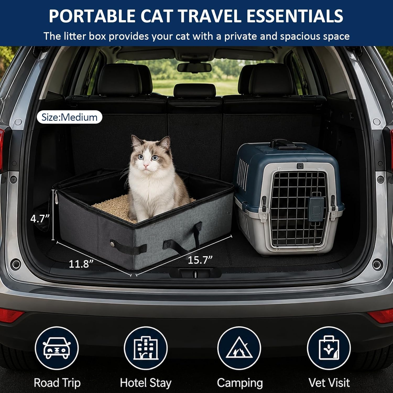 Portable Travel Litter Box for Cats, Leak Proof Collapsible Cat Litter Box with Lid, Easy to Carry Pet Cat Supplies for Car Travel Hotel Camping, Kitty Litter Box Includes Scoop Bowl