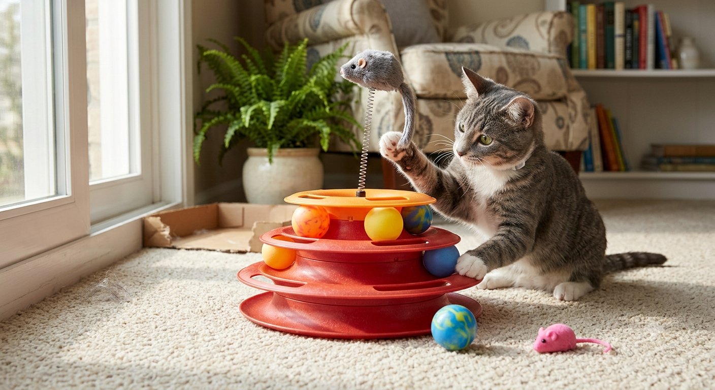 2-in-1 Interactive Cat Toy Tower & Mouse Teaser (Red)